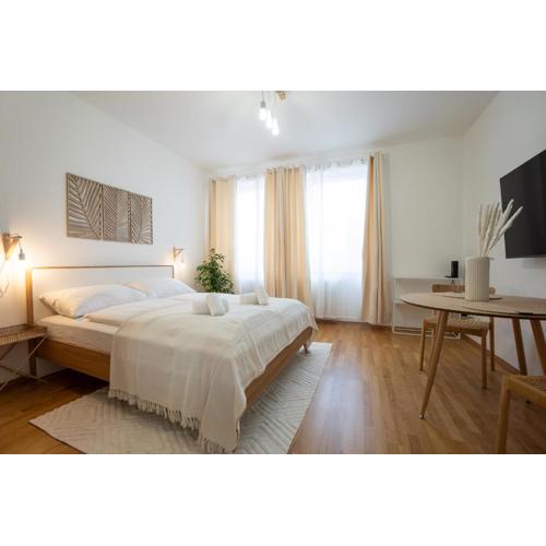 Bright and cozy studio with a city view